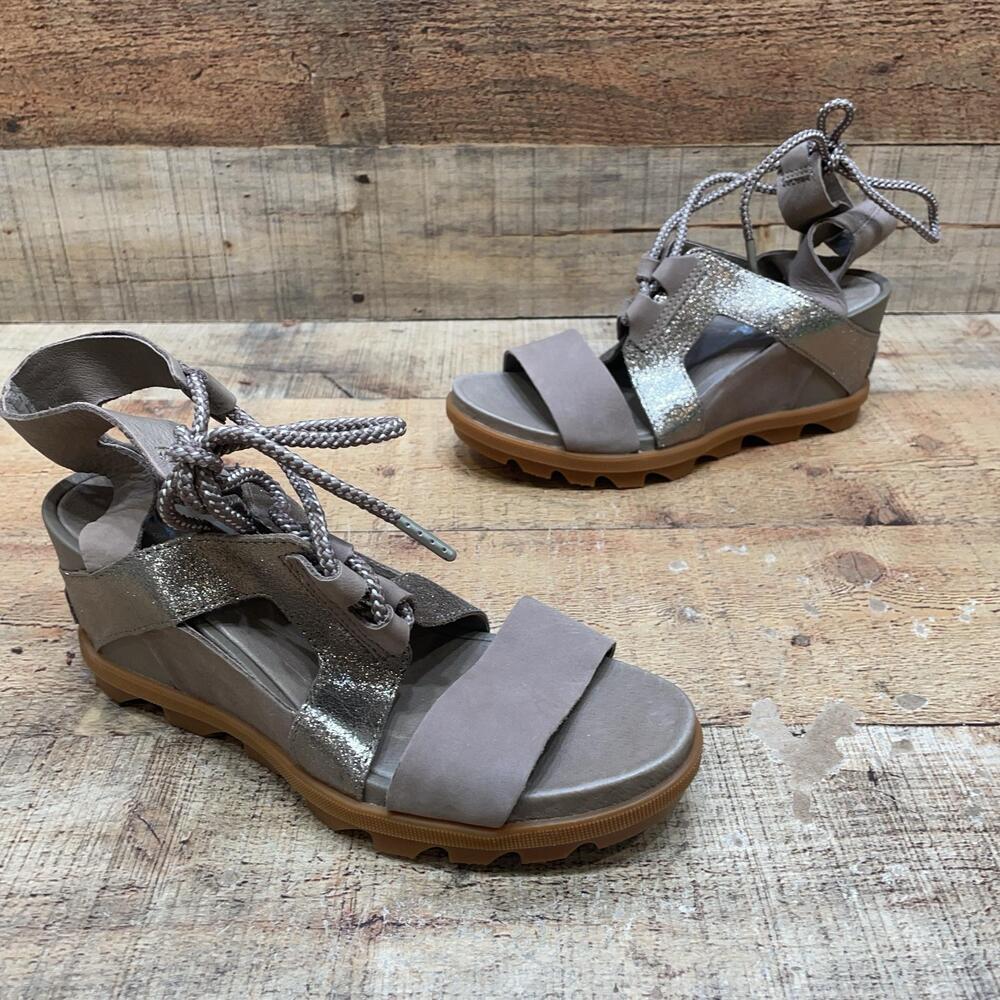 Sorel Sandals Womens Size 8 39 Gray Leather Lace Up Gladiator Wedge Shoes